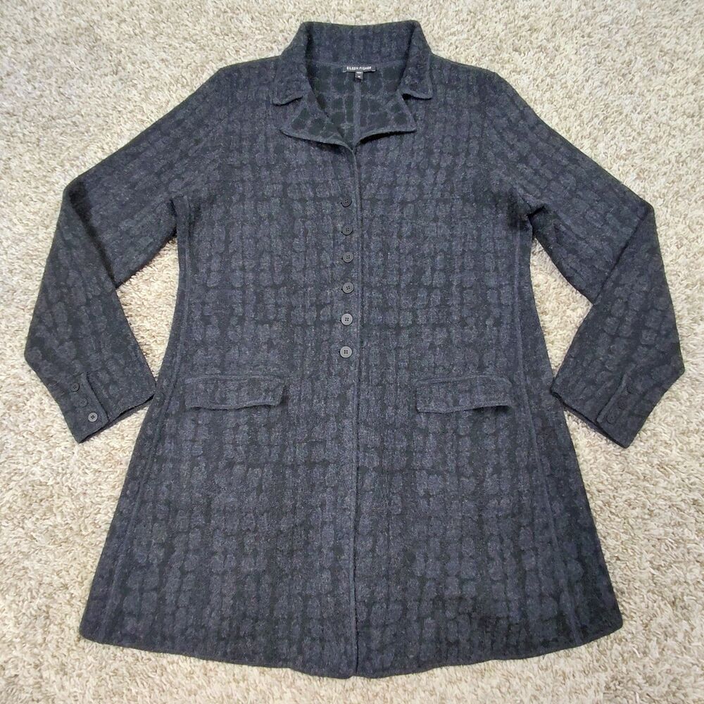 Eileen Fisher Long Button Cardigan Sweater Jacket Womens Medium Grey Wool Blend